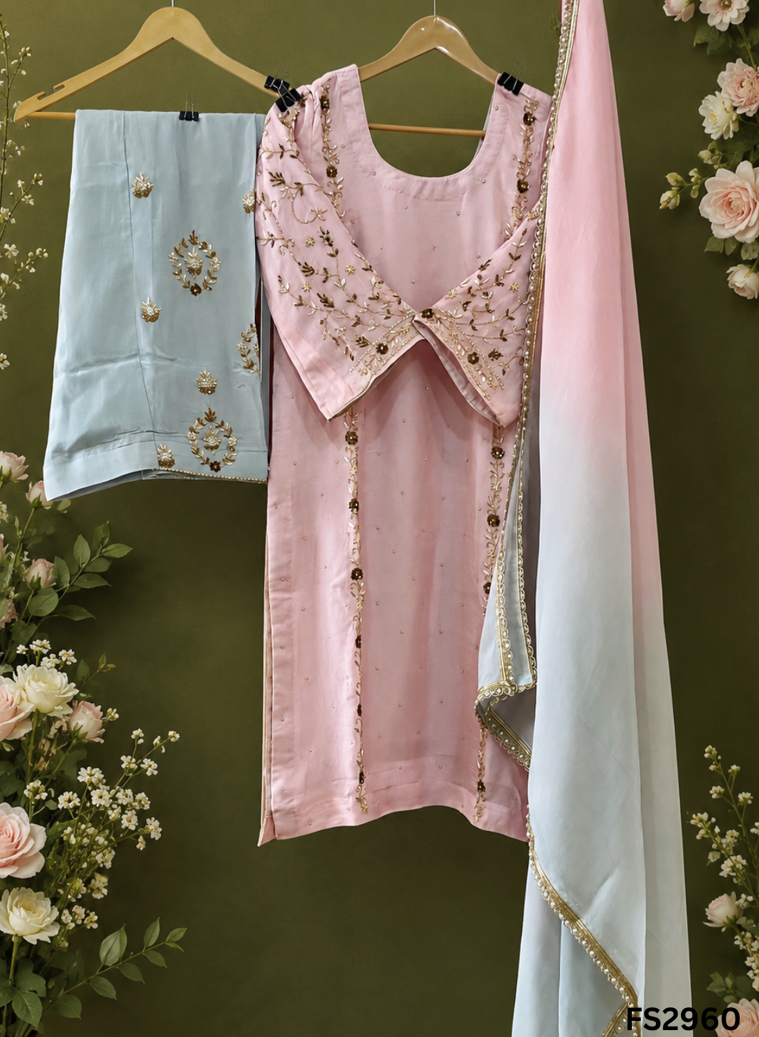 FS2960 | Satin Organza Suit | Party Wear | Jaggo Wear | Festival Wear | Contrast | - Image 1
