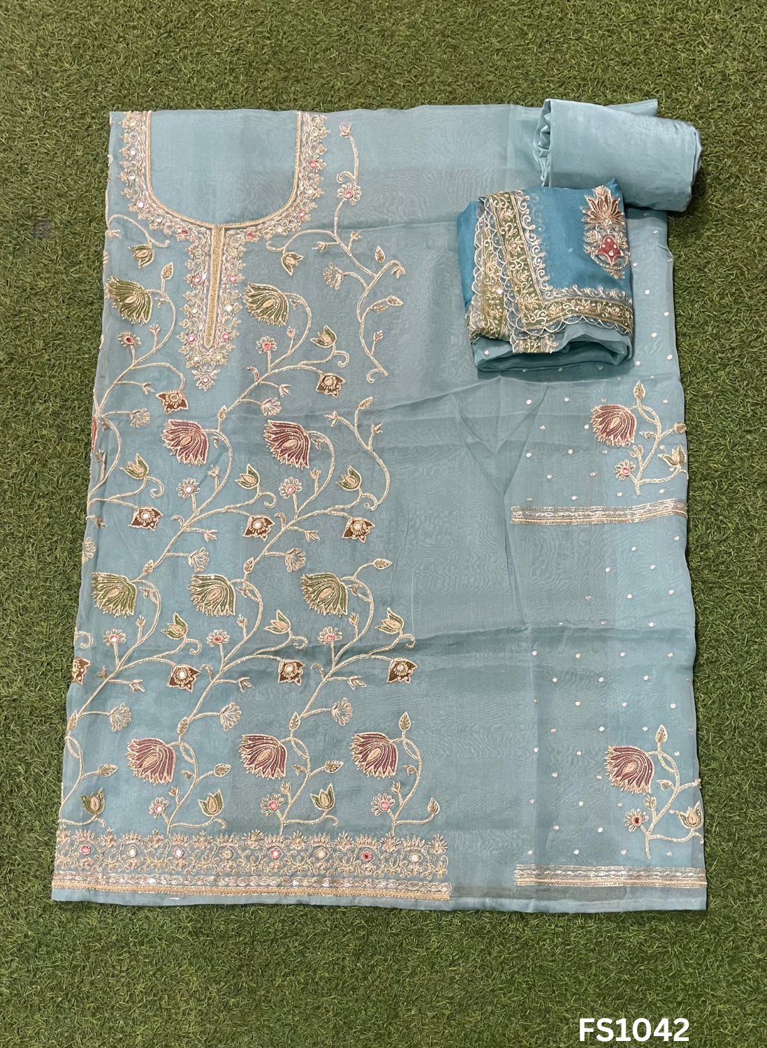 FS1042 | Sky-Blue | Organza Suit | Party Wear | Wedding | Jaggo | Ring Ceremony | Festival - Image 3
