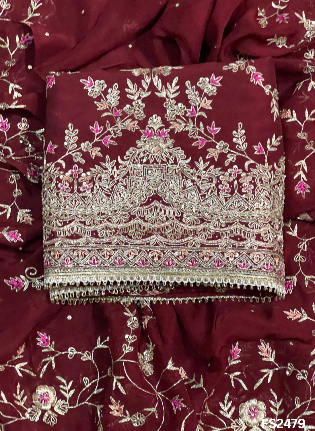 Mehroon Raw Silk Embroidered Party Suit