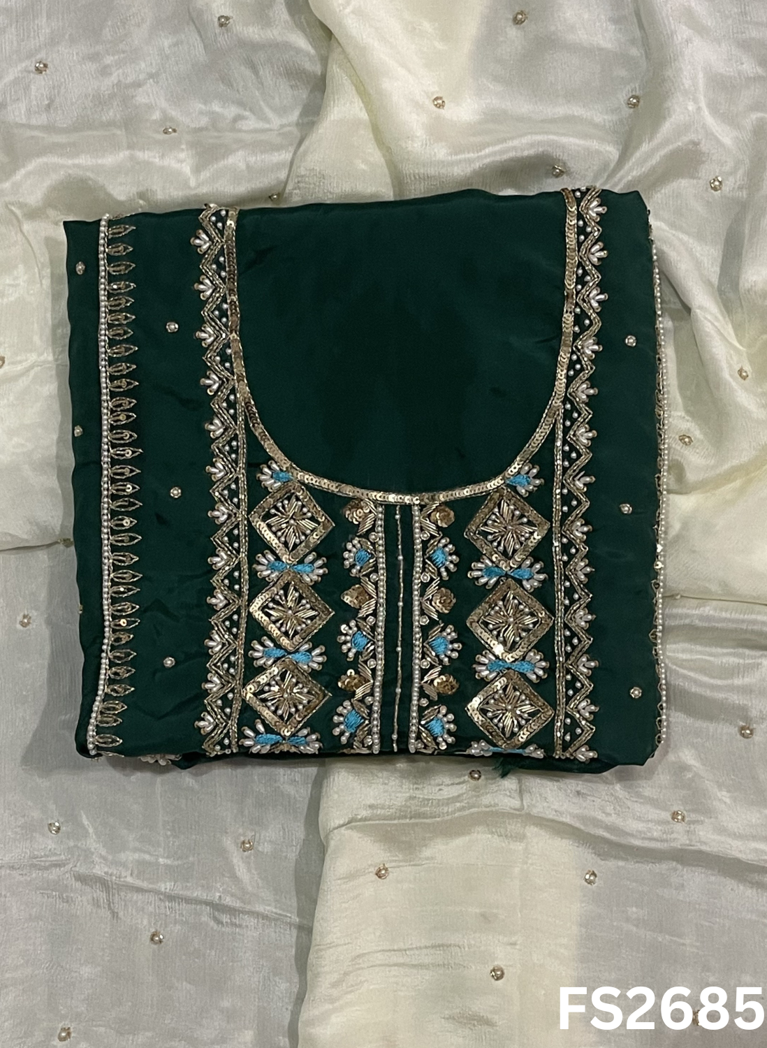 FS2685 | Crepe Suit | Hand-Work | Party Wear | Wedding | Ring Ceremony | Festival | (bottle-green) Image